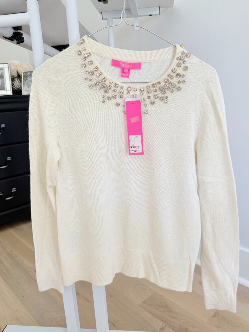 NWT Lilly Pulitzer Odetta Embellished Sweater XXS Coconut Ivory Crystal Neckline